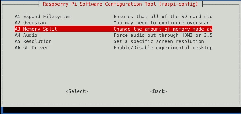 raspi-config select memory split